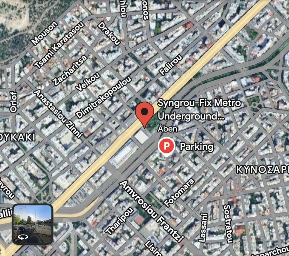 Map showing Syngrou-Fix Metro Underground Parking on Syngrou Avenue in Athens